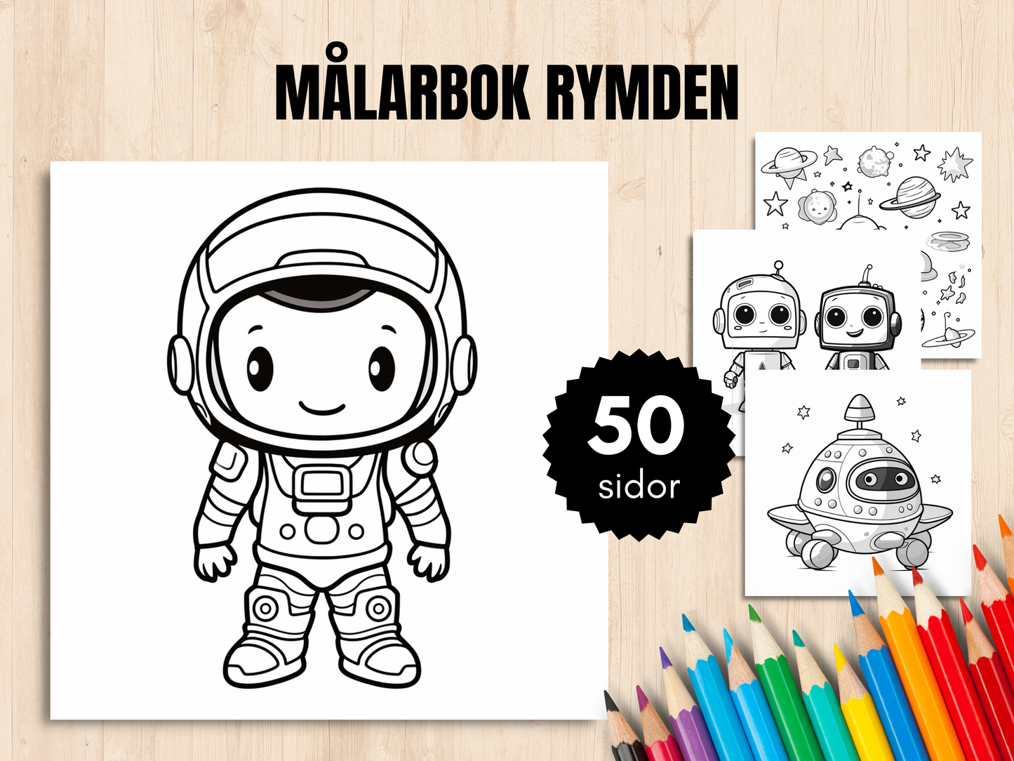 Målarbok Rymden 50 Sidor - Skriv ut direkt
