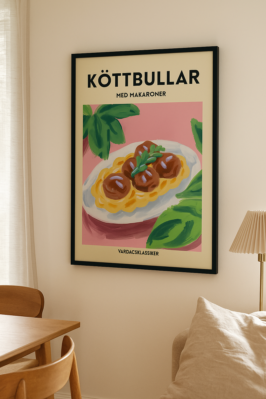 Köttbullar - Poster featuring meatballs with macaroni in a colorful design, perfect for nostalgic home decor.