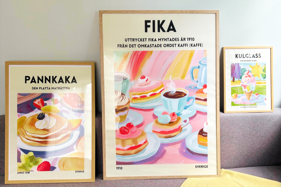 Köttbullar poster featuring colorful illustrations of traditional Swedish dishes, perfect for kitchen decor.